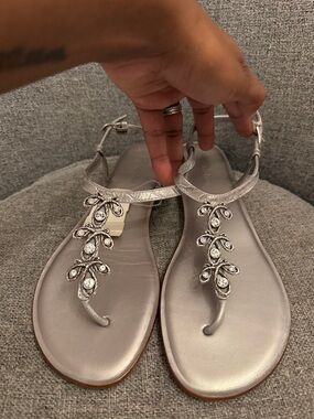 Brighton Silver Jeweled T-Strap Sandals